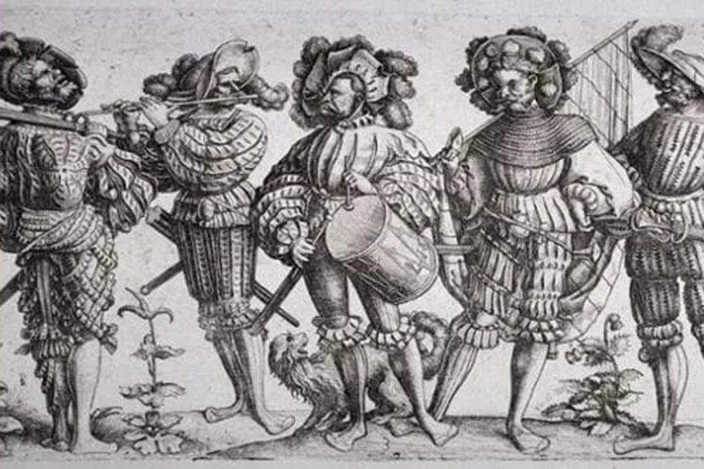 I cinque lanzichenecchi, acquaforte di Daniel Hopfer